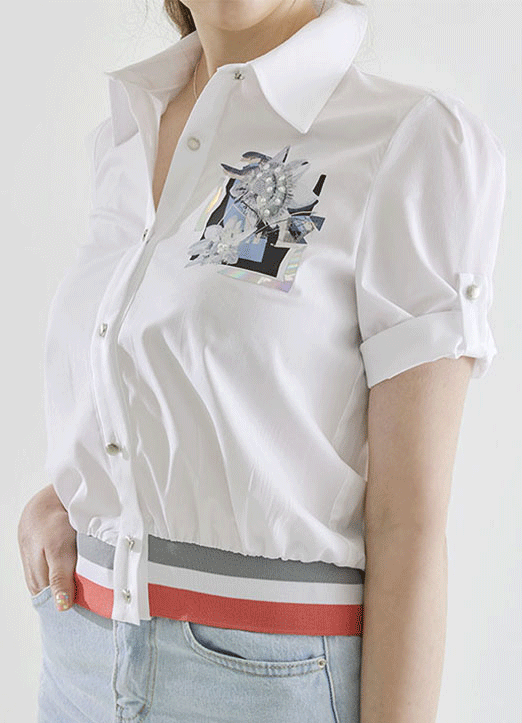 [루이스엔젤] 시보리 배색 롤업소매 포켓 나염 반팔 셔츠